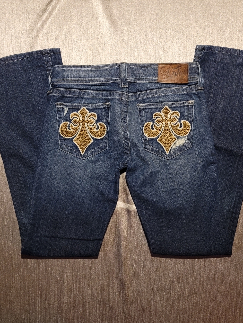 Sinful Jeans Blue Bootcut Jeans with Gold Fleur-de-Lis Embroidery